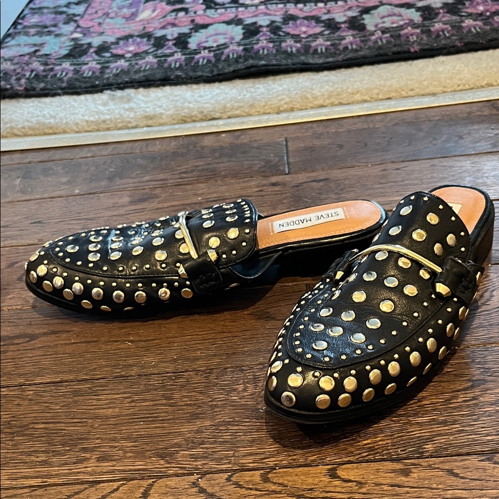 Steve Madden Black and Gold Studded Loafers